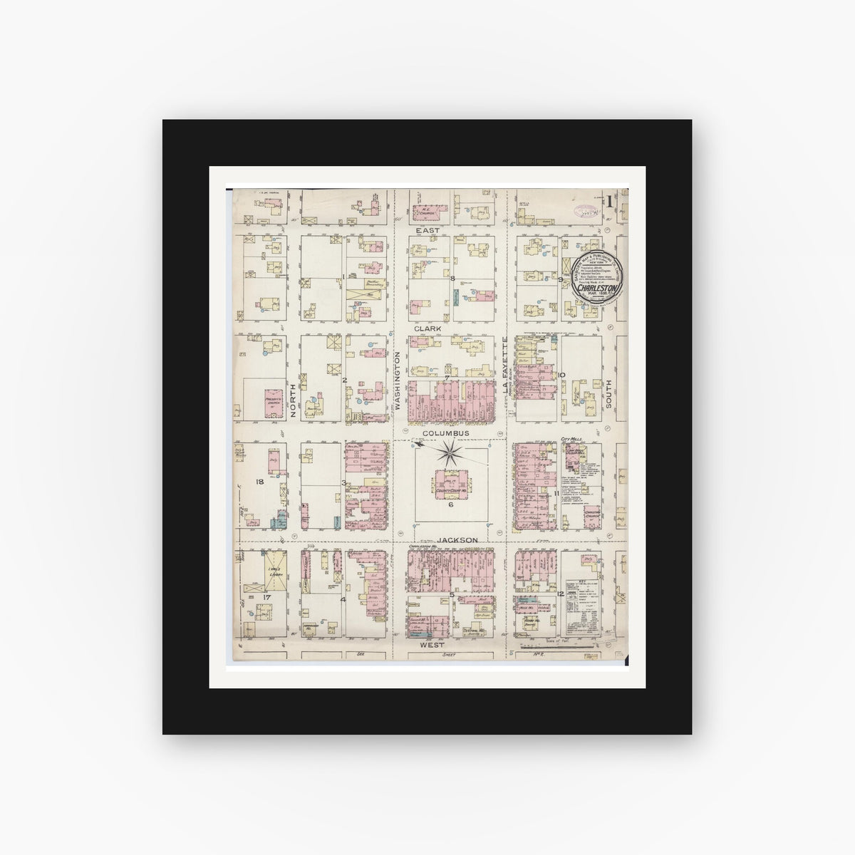 Old map wall art mockup — black gallery frame with white mat — Sanborn Fire Insurance Map from Charleston, Coles County, Illinois (1886) - Complete Map Set