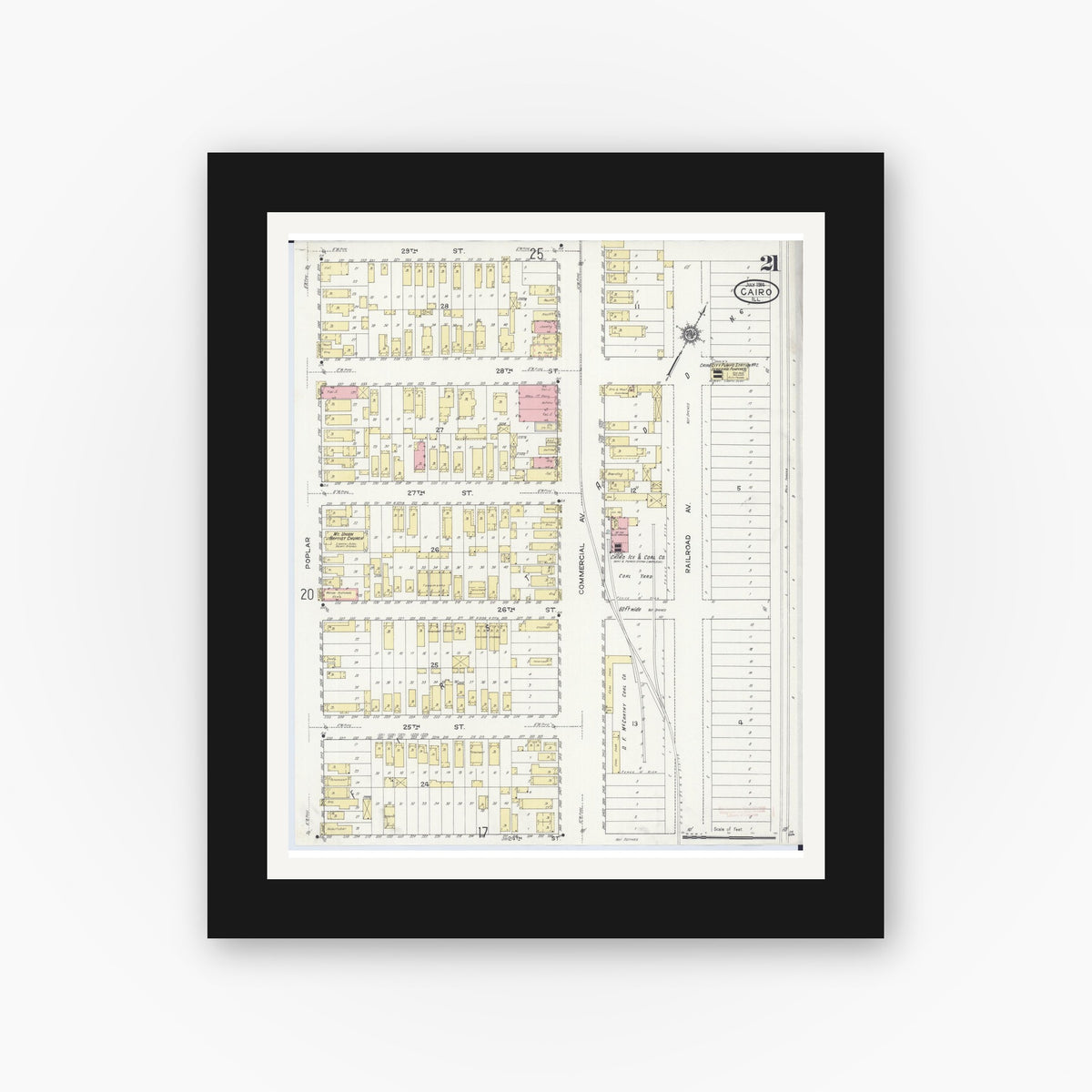 Old map wall art mockup — black gallery frame with white mat — Sanborn Fire Insurance Map from Cairo, Alexander County, Illinois (1914), Sheet #0021