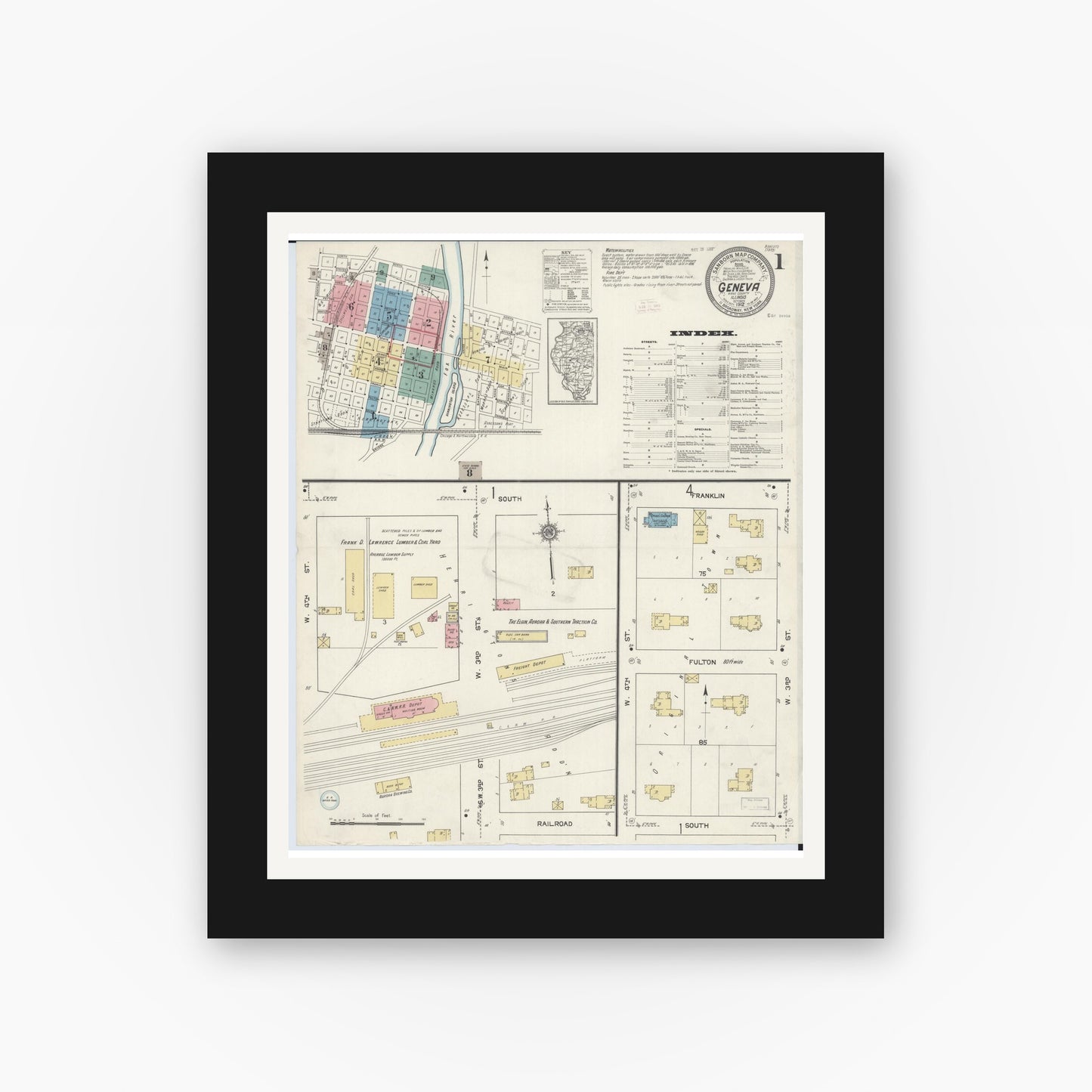 Old map wall art mockup — black gallery frame with white mat — Sanborn Fire Insurance Map from Geneva, Kane County, Illinois (1912), Sheet #0001