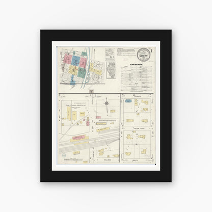 Old map wall art mockup — black gallery frame with white mat — Sanborn Fire Insurance Map from Geneva, Kane County, Illinois (1912), Sheet #0001
