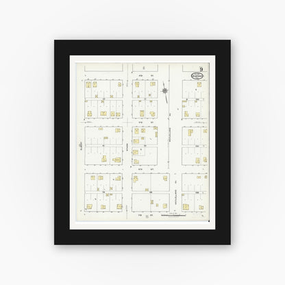 Old map wall art mockup — black gallery frame with white mat — Sanborn Fire Insurance Map from Quanah, Hardeman County, Texas (1921), Sheet #0009