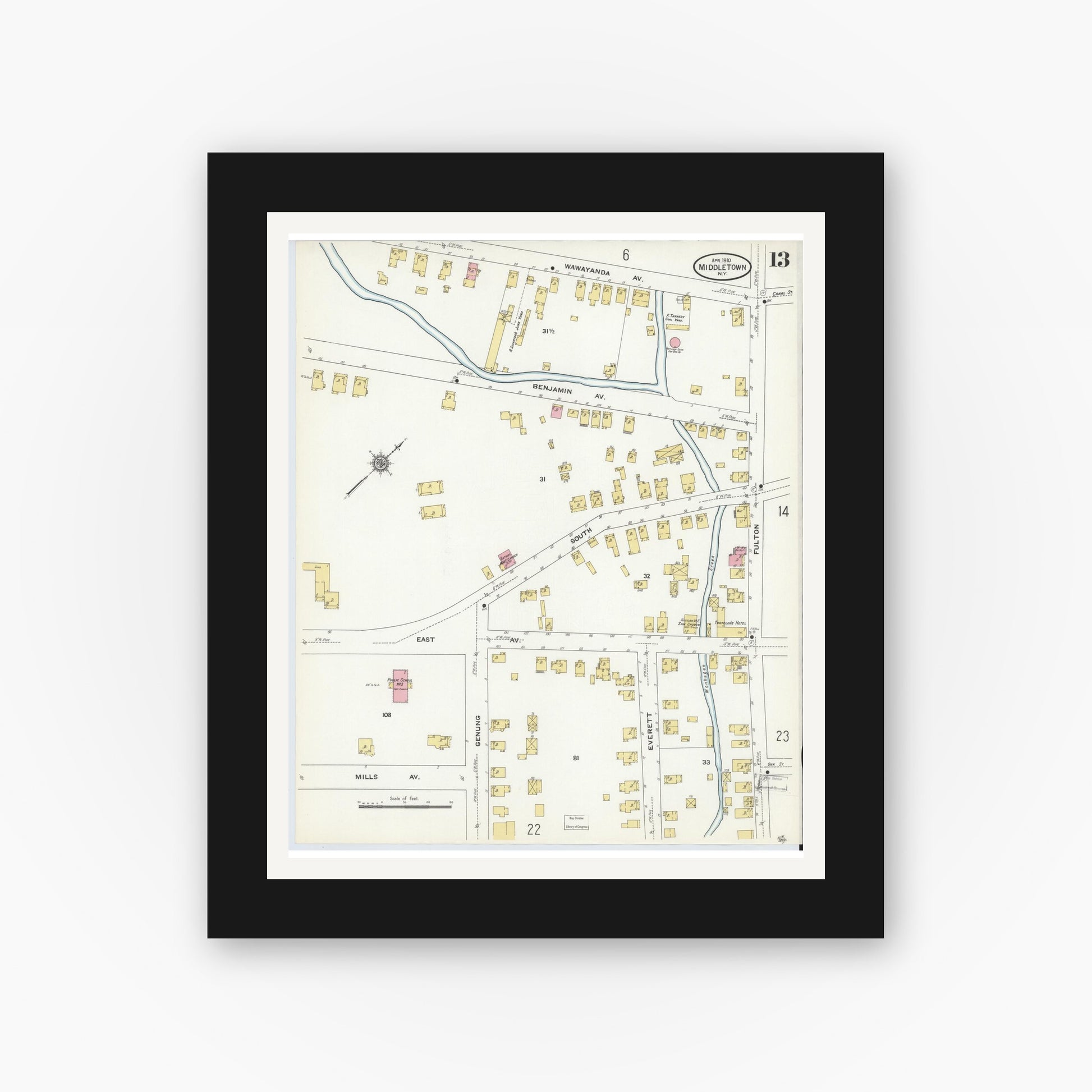 Old map wall art mockup — black gallery frame with white mat — Sanborn Fire Insurance Map from Middletown, Orange County, New York (1910), Sheet #0013