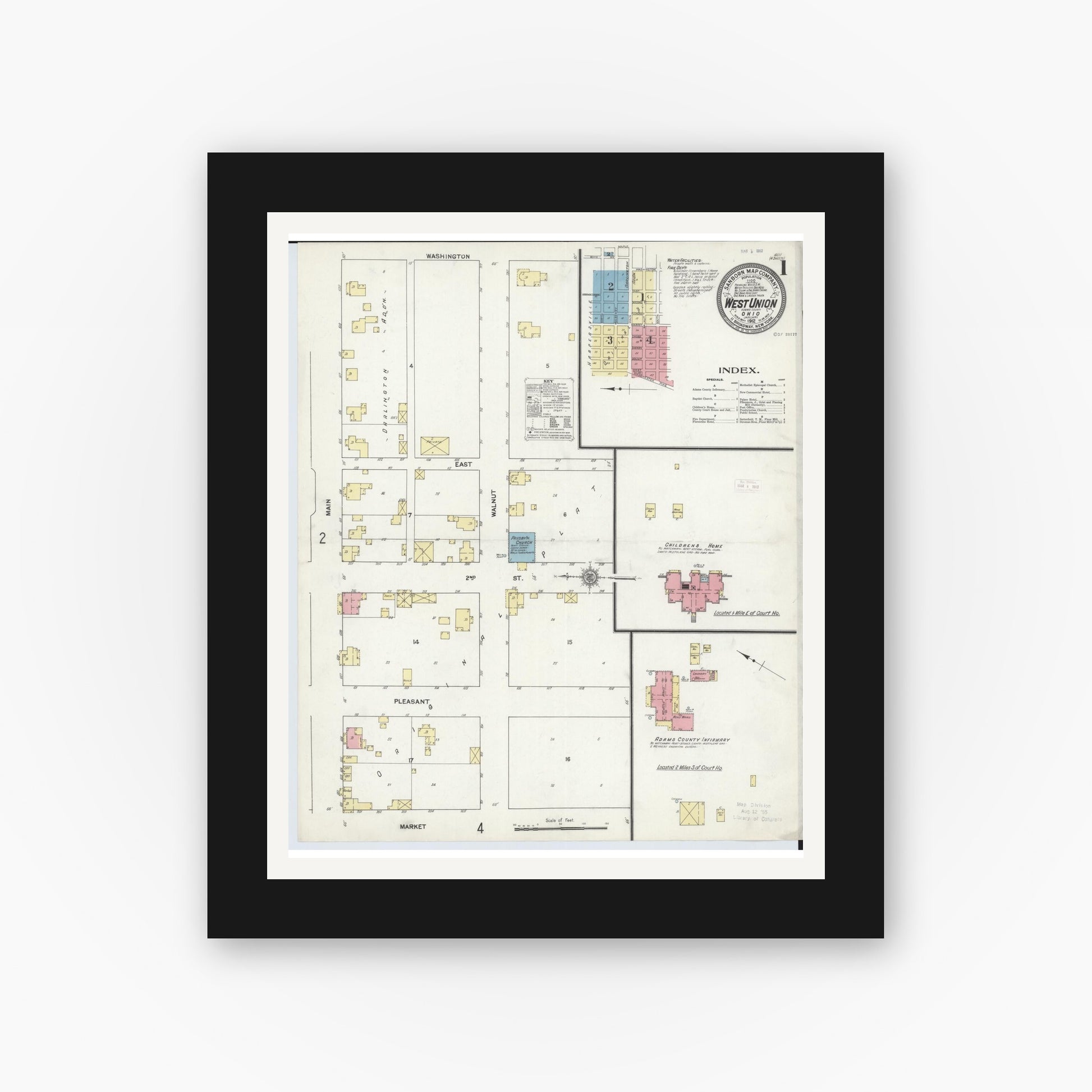 Old map wall art mockup — black gallery frame with white mat — Sanborn Fire Insurance Map from West Union, Adams County, Ohio (1912), Sheet #0001