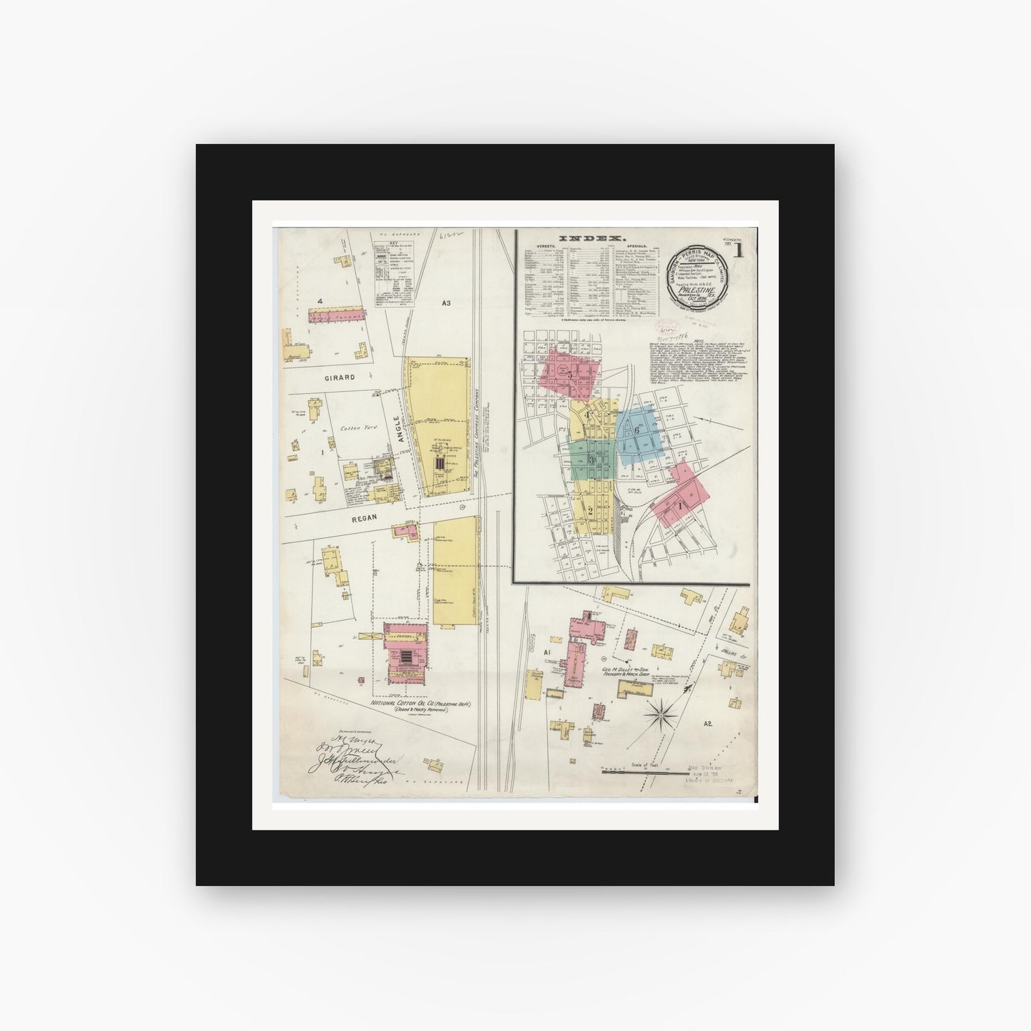 Old map wall art mockup — black gallery frame with white mat — Sanborn Fire Insurance Map from Palestine, Anderson County, Texas (1896), Sheet #0001