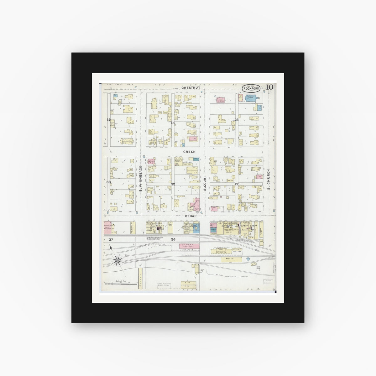 Old map wall art mockup — black gallery frame with white mat — Sanborn Fire Insurance Map from Rockford, Winnebago County, Illinois (1891), Sheet #0010
