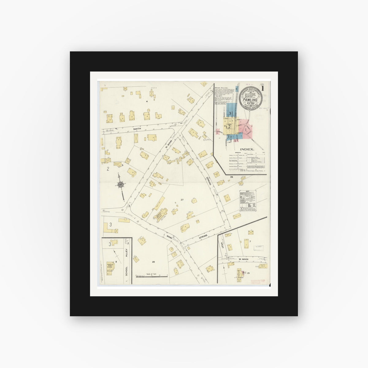 Old map wall art mockup — black gallery frame with white mat — Sanborn Fire Insurance Map from Pawling, Dutchess County, New York (1910) - Complete Map Set