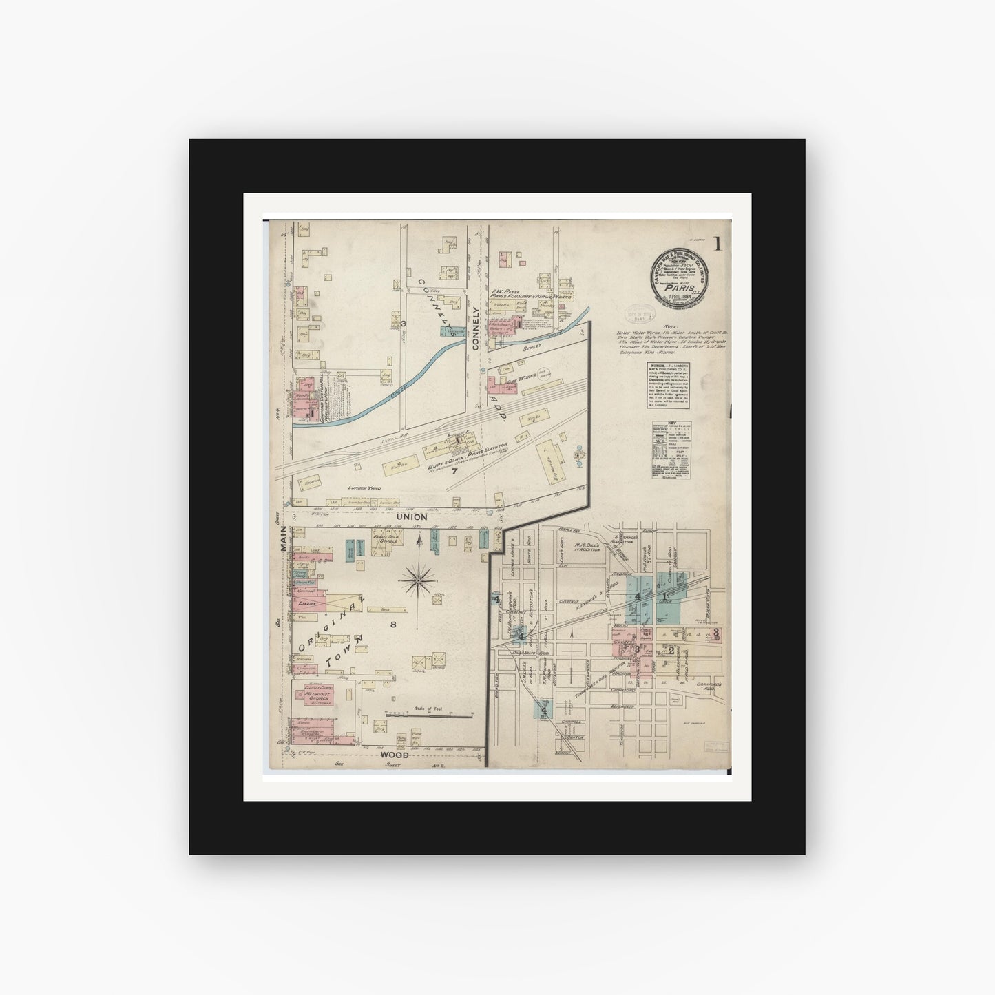 Old map wall art mockup — black gallery frame with white mat — Sanborn Fire Insurance Map from Paris, Edgar County, Illinois (1884), Sheet #0001