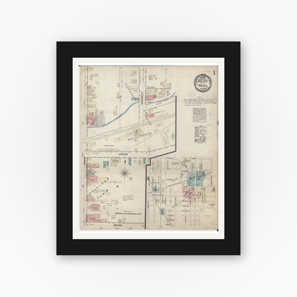 Old map wall art mockup — black gallery frame with white mat — Sanborn Fire Insurance Map from Paris, Edgar County, Illinois (1884), Sheet #0001