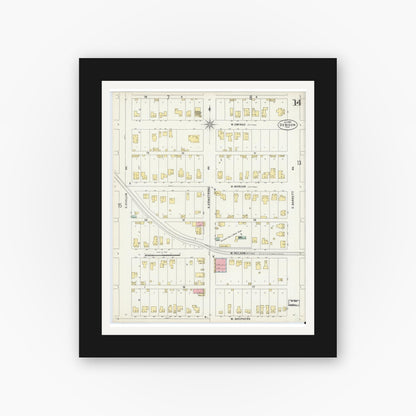Old map wall art mockup — black gallery frame with white mat — Sanborn Fire Insurance Map from Denison, Grayson County, Texas (1897), Sheet #0014