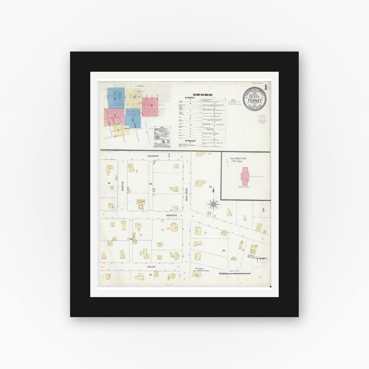 Old map wall art mockup — black gallery frame with white mat — Sanborn Fire Insurance Map from Forney, Kaufman County, Texas (1906) - Complete Map Set