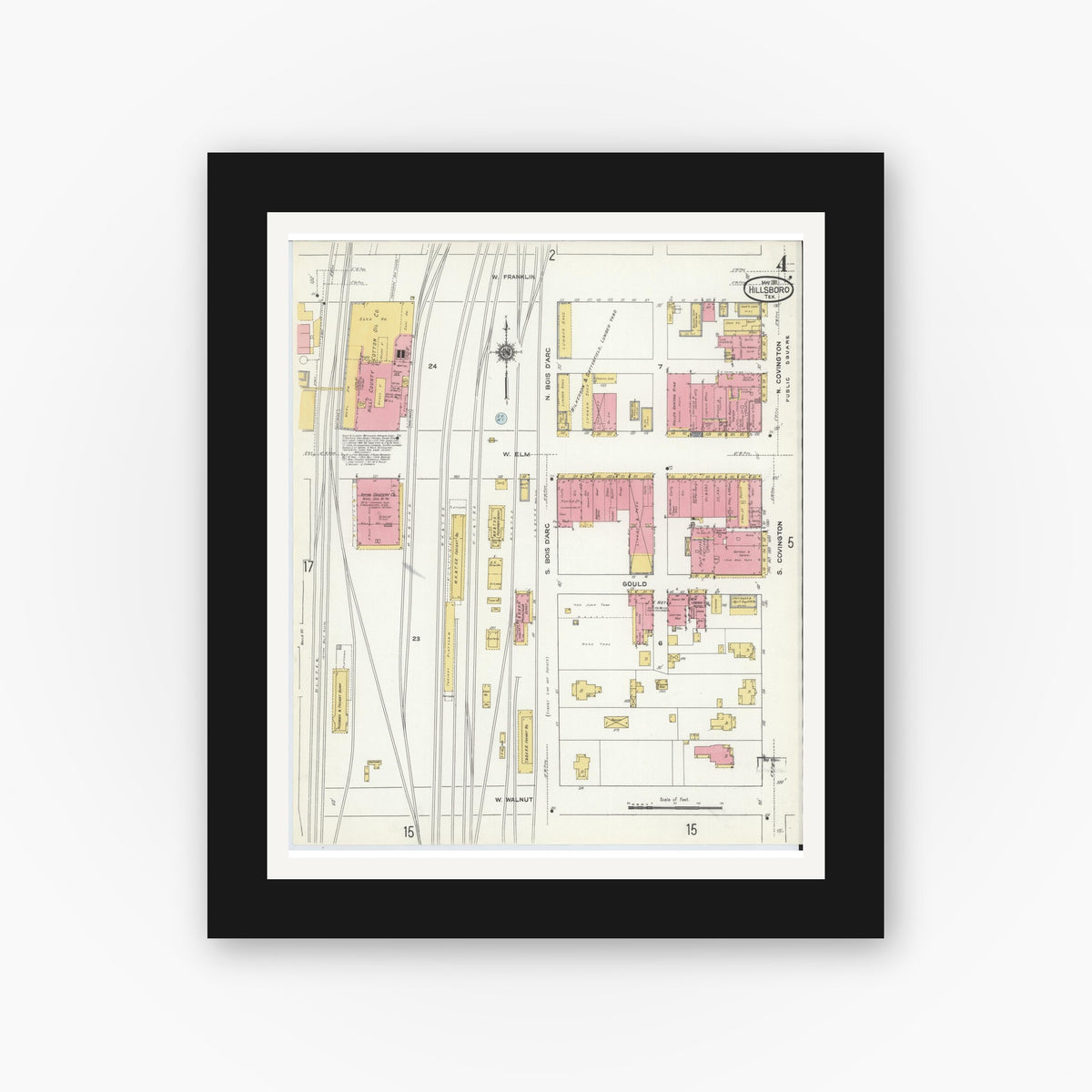 Old map wall art mockup — black gallery frame with white mat — Sanborn Fire Insurance Map from Hillsboro, Hill County, Texas (1911), Sheet #0004