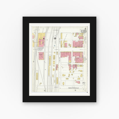 Old map wall art mockup — black gallery frame with white mat — Sanborn Fire Insurance Map from Hillsboro, Hill County, Texas (1911), Sheet #0004