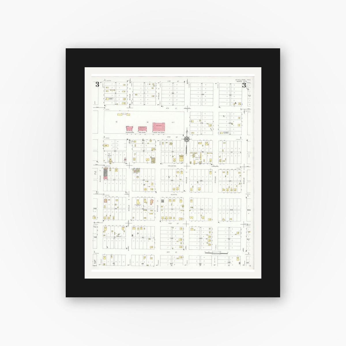 Old map wall art mockup — black gallery frame with white mat — Sanborn Fire Insurance Map from Levelland, Hockley County, Texas (1933), Sheet #0003