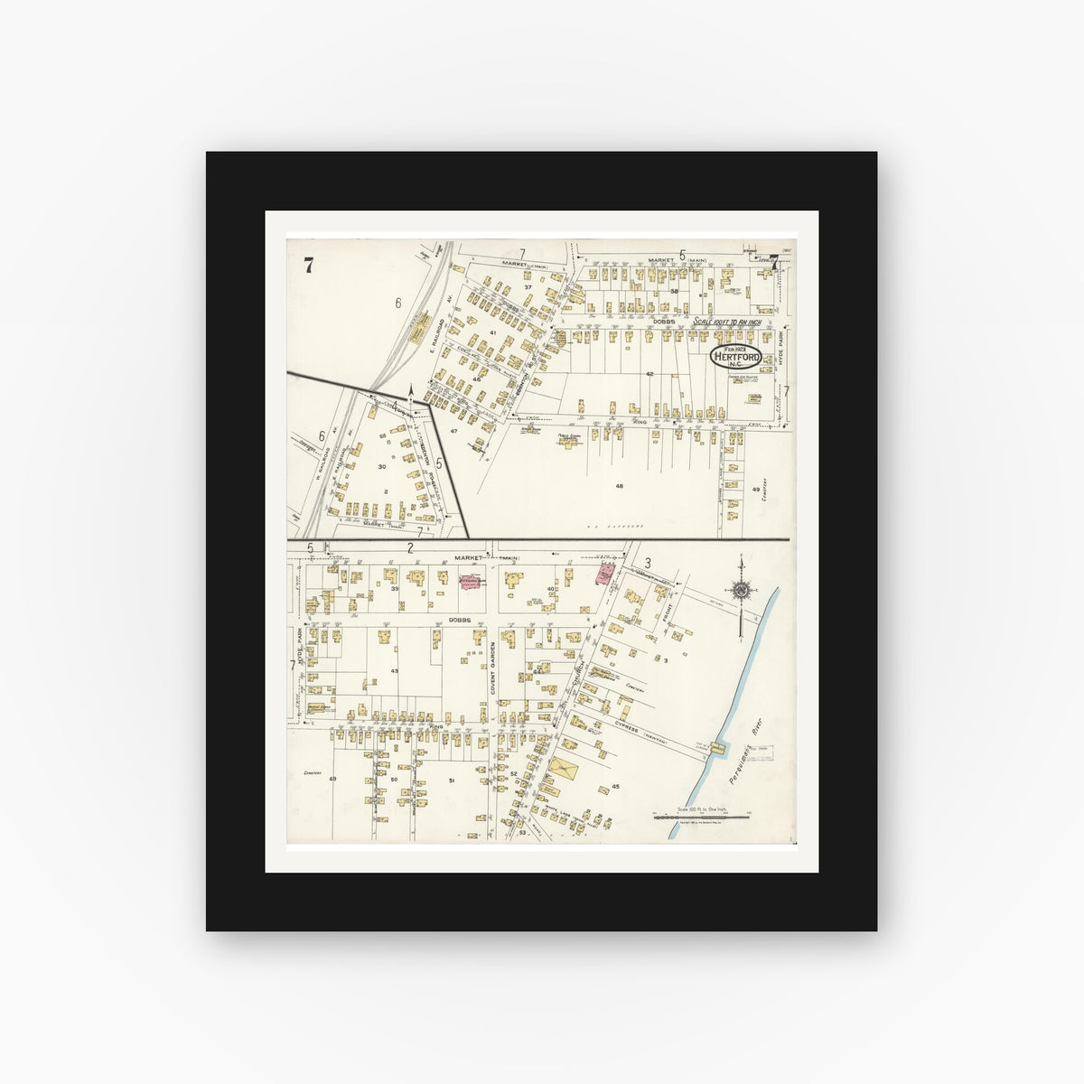 Old map wall art mockup — black gallery frame with white mat — Sanborn Fire Insurance Map from Hertford, Perquimans County, North Carolina (1923), Sheet #0007