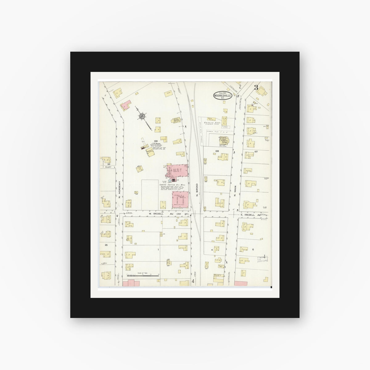 Old map wall art mockup — black gallery frame with white mat — Sanborn Fire Insurance Map from Mooresville, Iredell County, North Carolina (1914), Sheet #0003