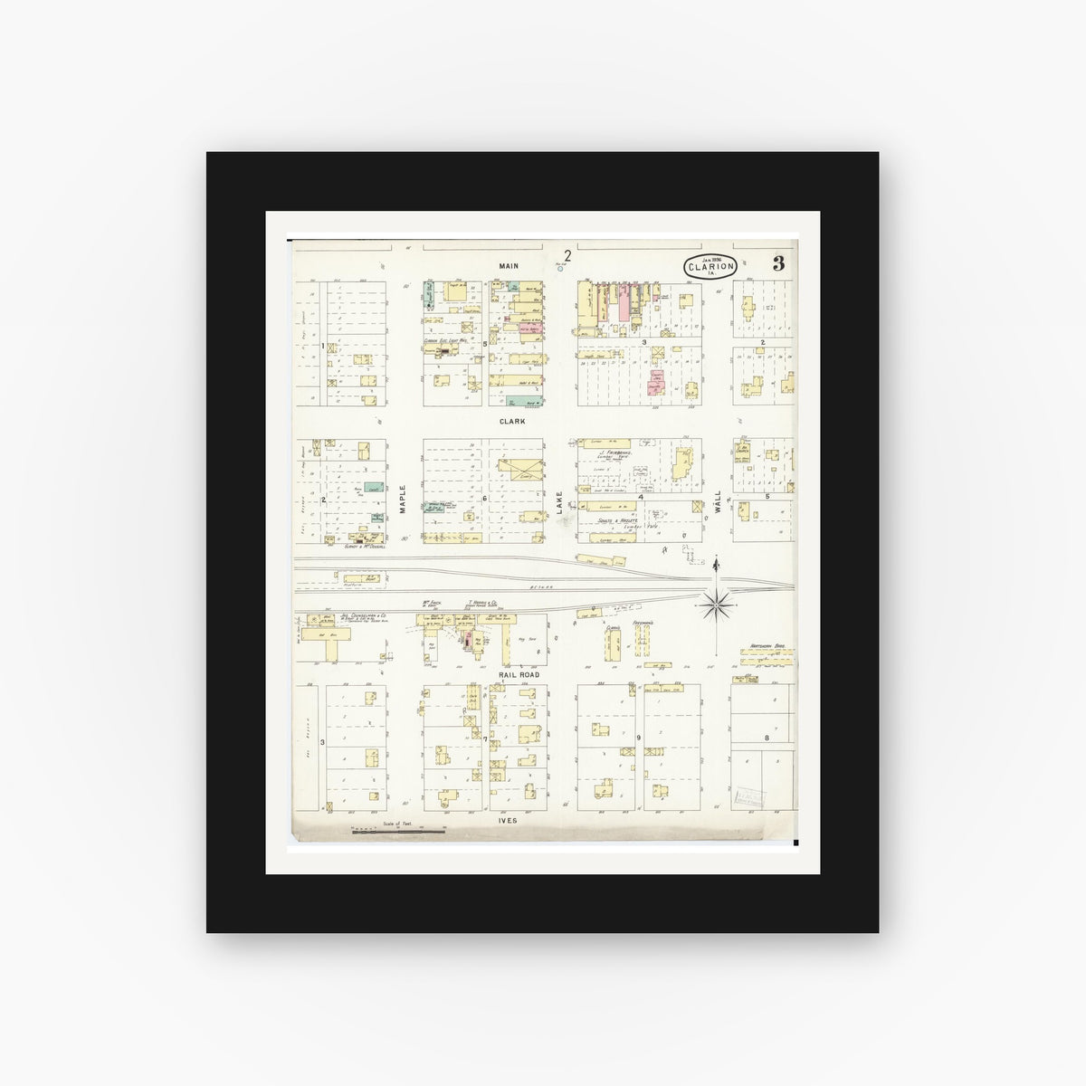 Old map wall art mockup — black gallery frame with white mat — Sanborn Fire Insurance Map from Clarion, Wright County, Iowa (1896), Sheet #0003