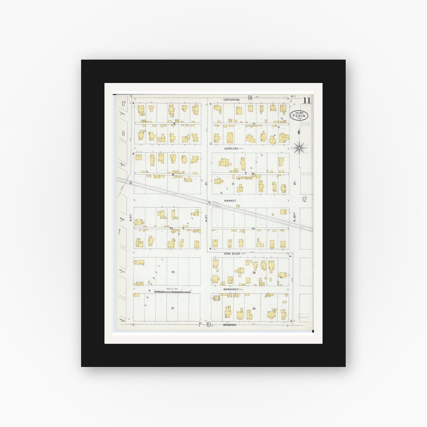Old map wall art mockup — black gallery frame with white mat — Sanborn Fire Insurance Map from Pekin, Tazewell County, Illinois (1903), Sheet #0011