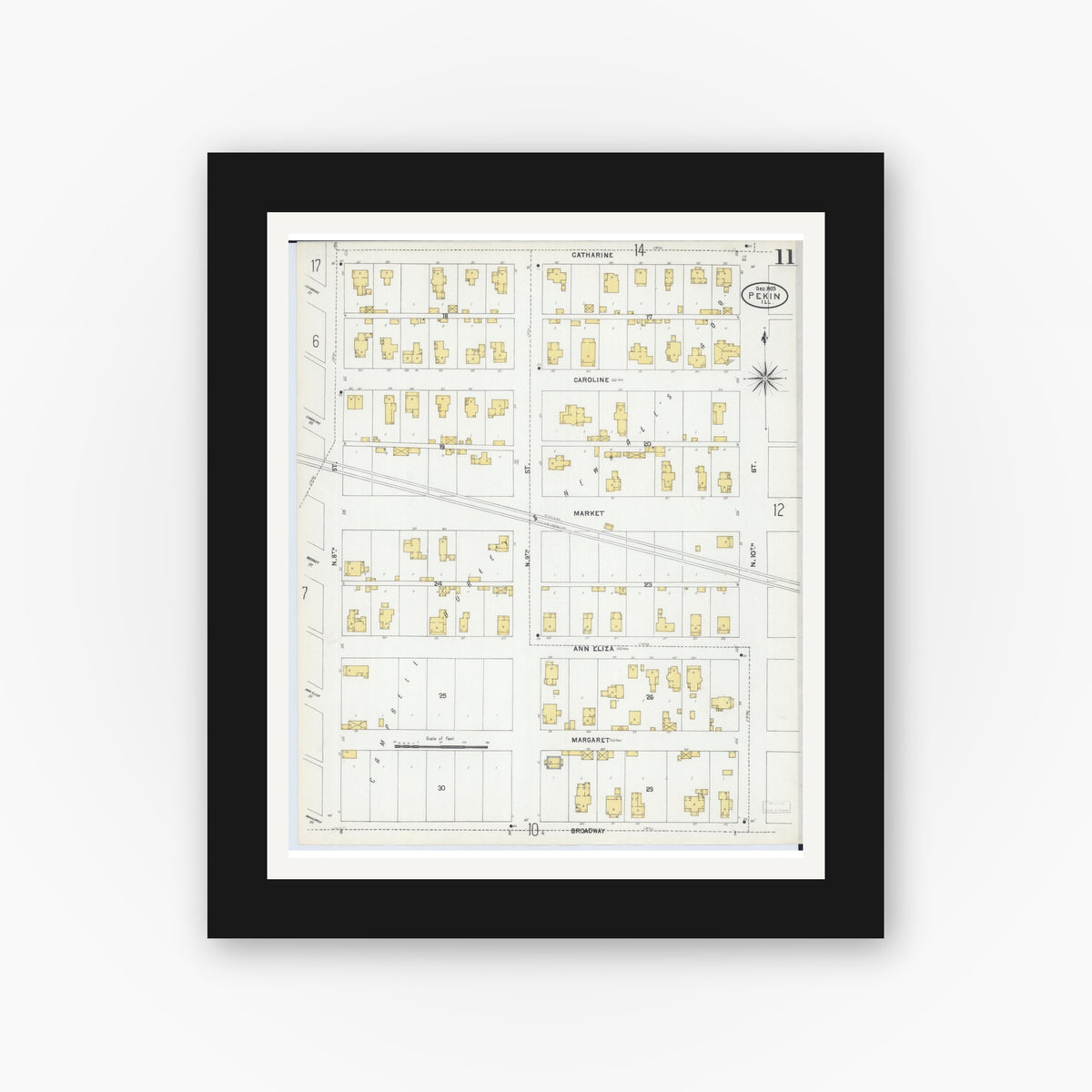 Old map wall art mockup — black gallery frame with white mat — Sanborn Fire Insurance Map from Pekin, Tazewell County, Illinois (1903), Sheet #0011