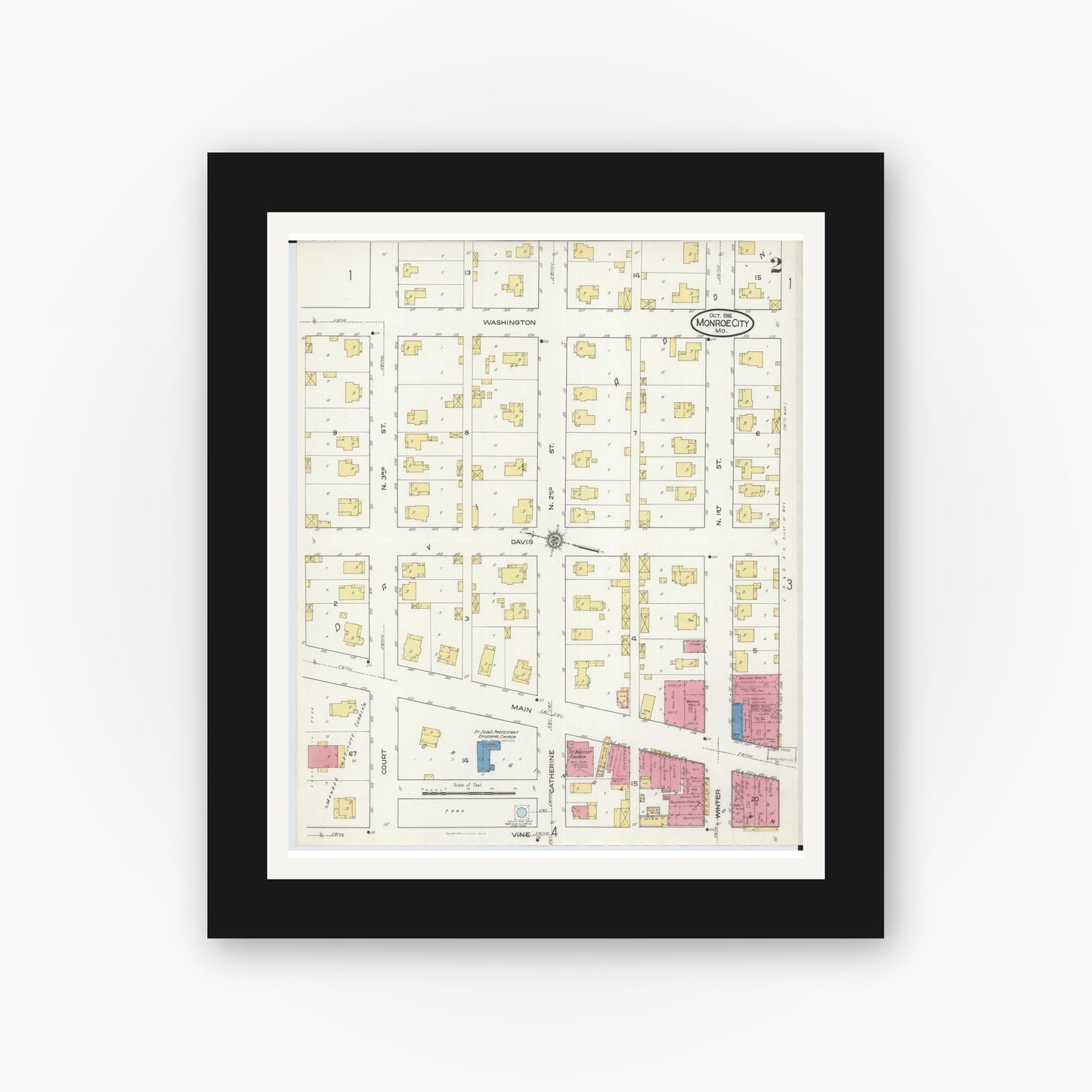 Old map wall art mockup — black gallery frame with white mat — Sanborn Fire Insurance Map from Monroe City, Monroe County, Missouri (1916), Sheet #0002
