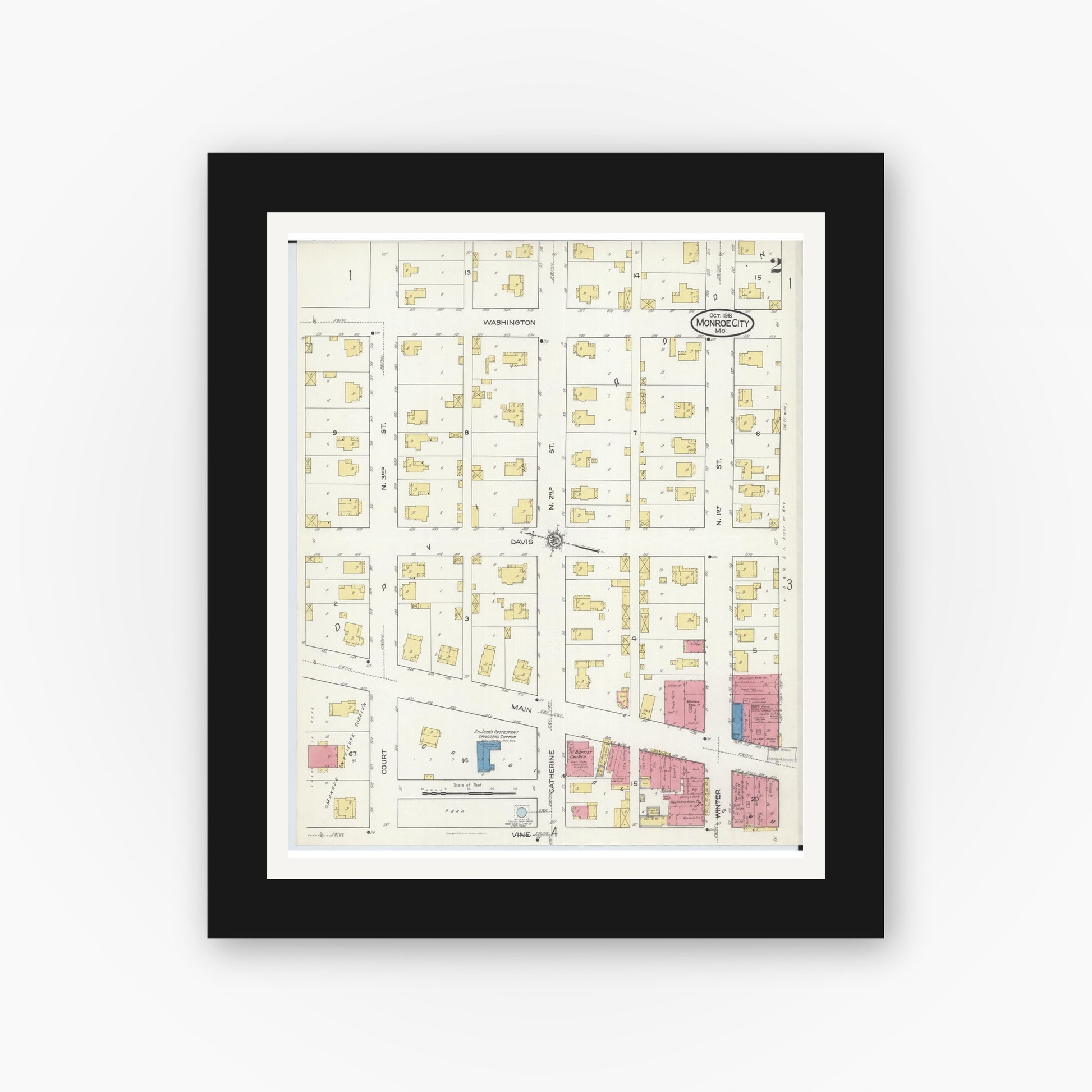 Old map wall art mockup — black gallery frame with white mat — Sanborn Fire Insurance Map from Monroe City, Monroe County, Missouri (1916), Sheet #0002