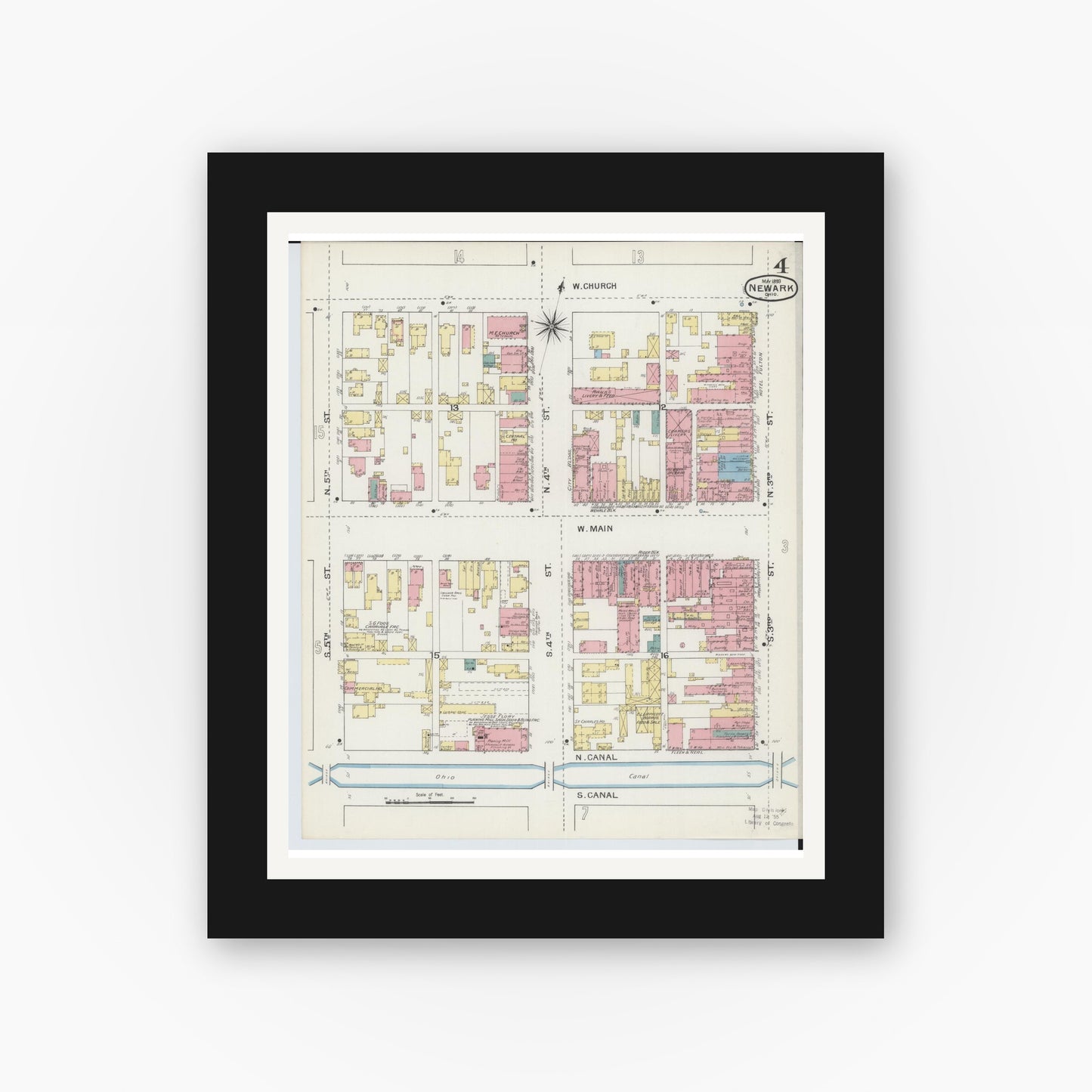 Old map wall art mockup — black gallery frame with white mat — Sanborn Fire Insurance Map from Newark, Licking County, Ohio (1893), Sheet #0004
