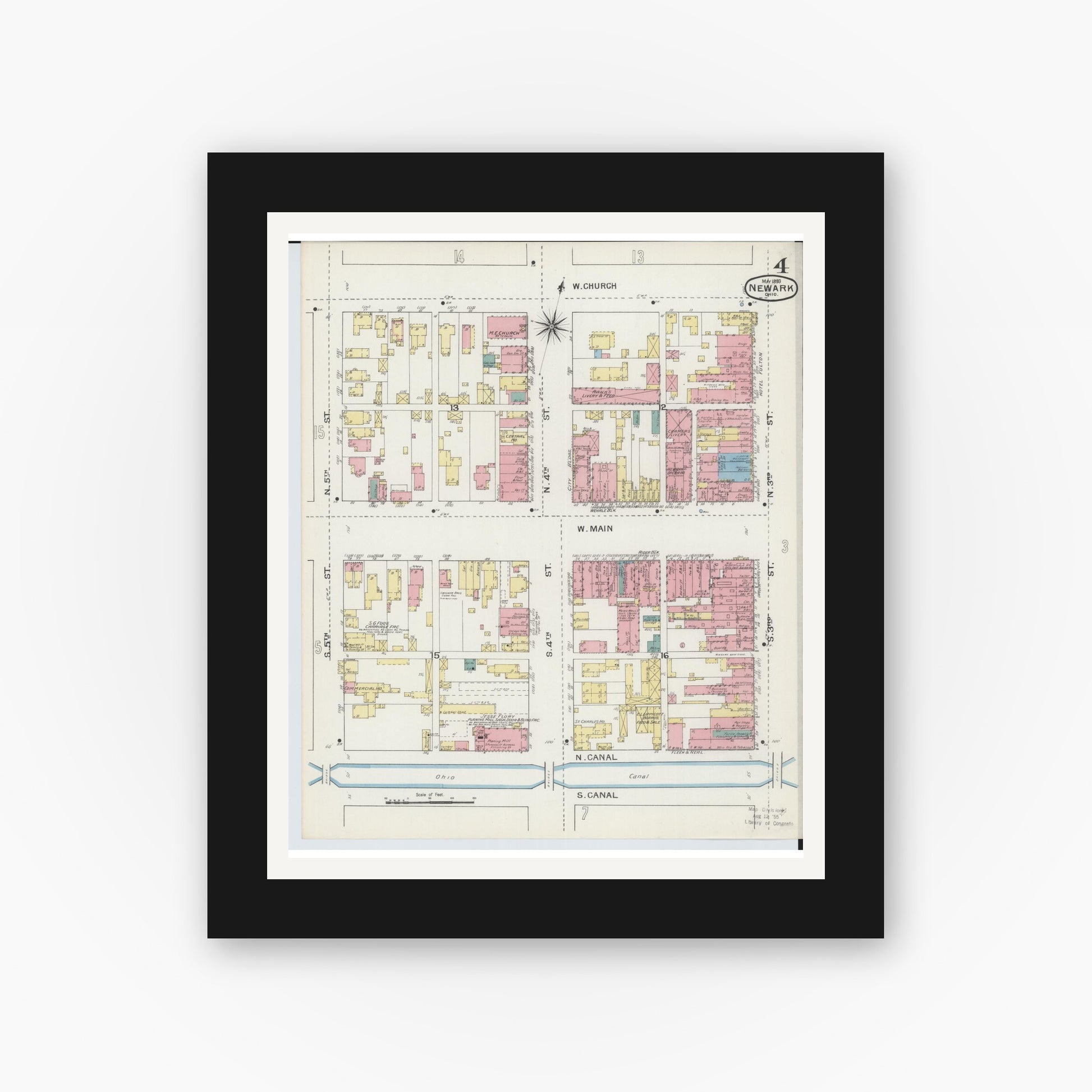 Old map wall art mockup — black gallery frame with white mat — Sanborn Fire Insurance Map from Newark, Licking County, Ohio (1893), Sheet #0004