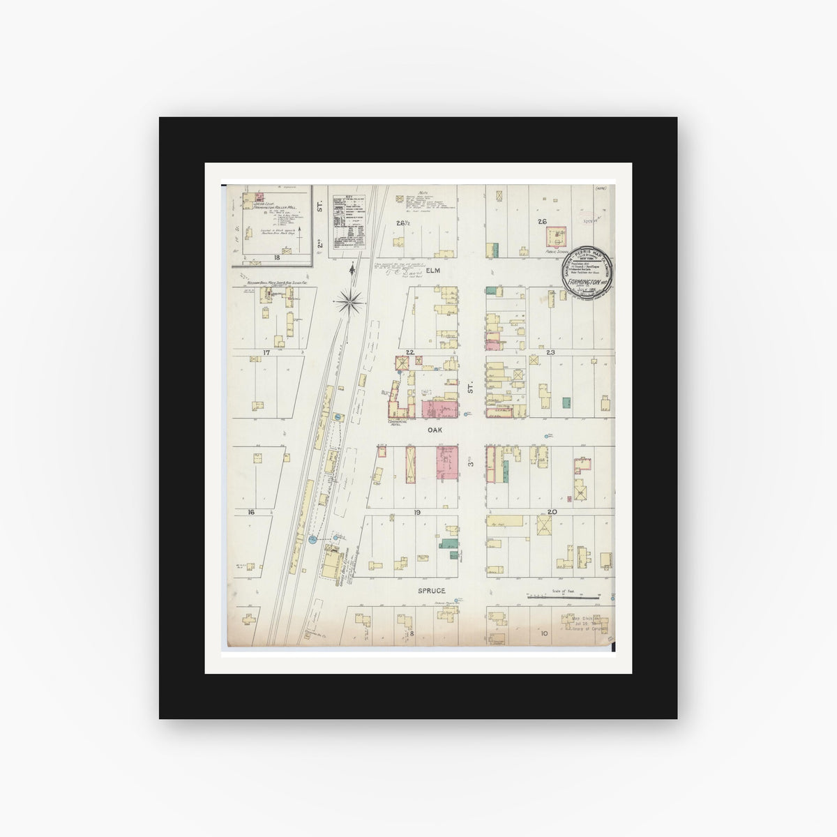 Old map wall art mockup — black gallery frame with white mat — Sanborn Fire Insurance Map from Farmington, Dakota County, Minnesota (1891), Sheet #0001