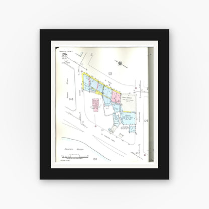 Old map wall art mockup — black gallery frame with white mat — Sanborn Fire Insurance Map from Honolulu, Oahu County, Hawaii (1955), Sheet #0125