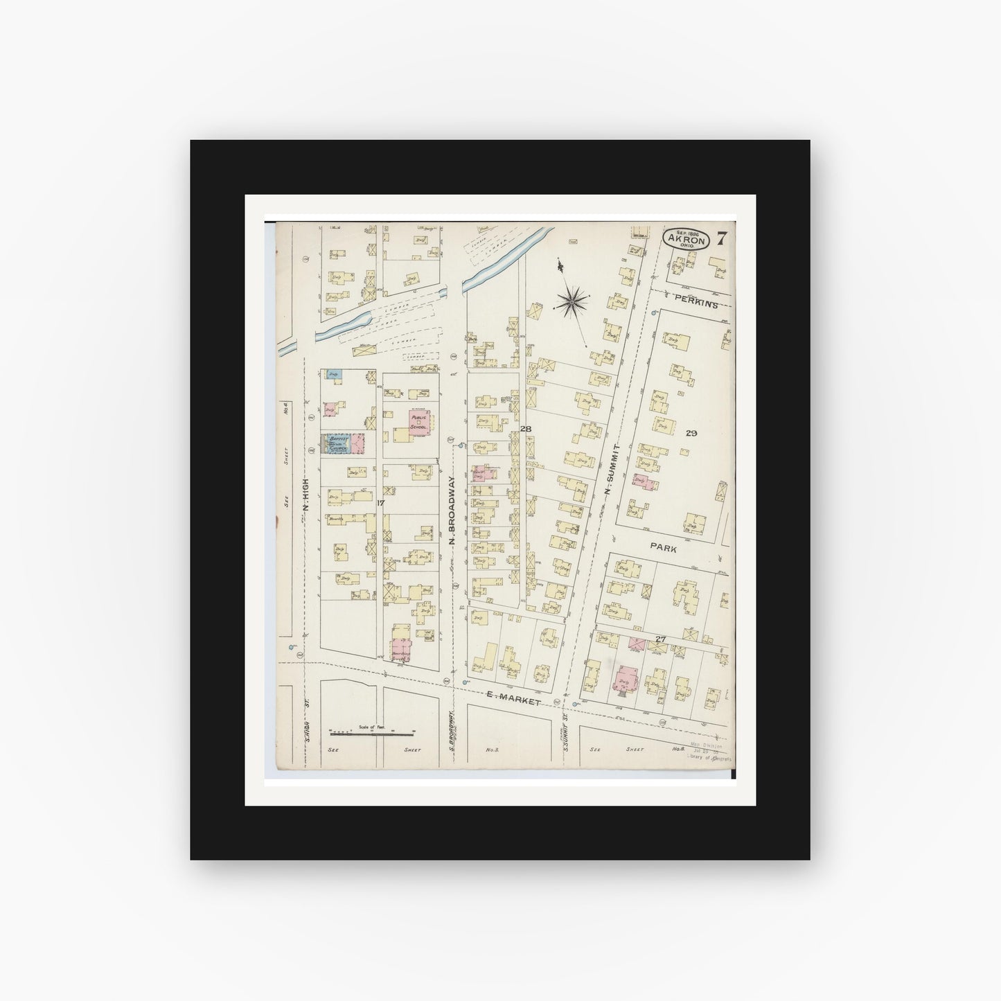 Old map wall art mockup — black gallery frame with white mat — Sanborn Fire Insurance Map from Akron, Summit County, Ohio (1886), Sheet #0007