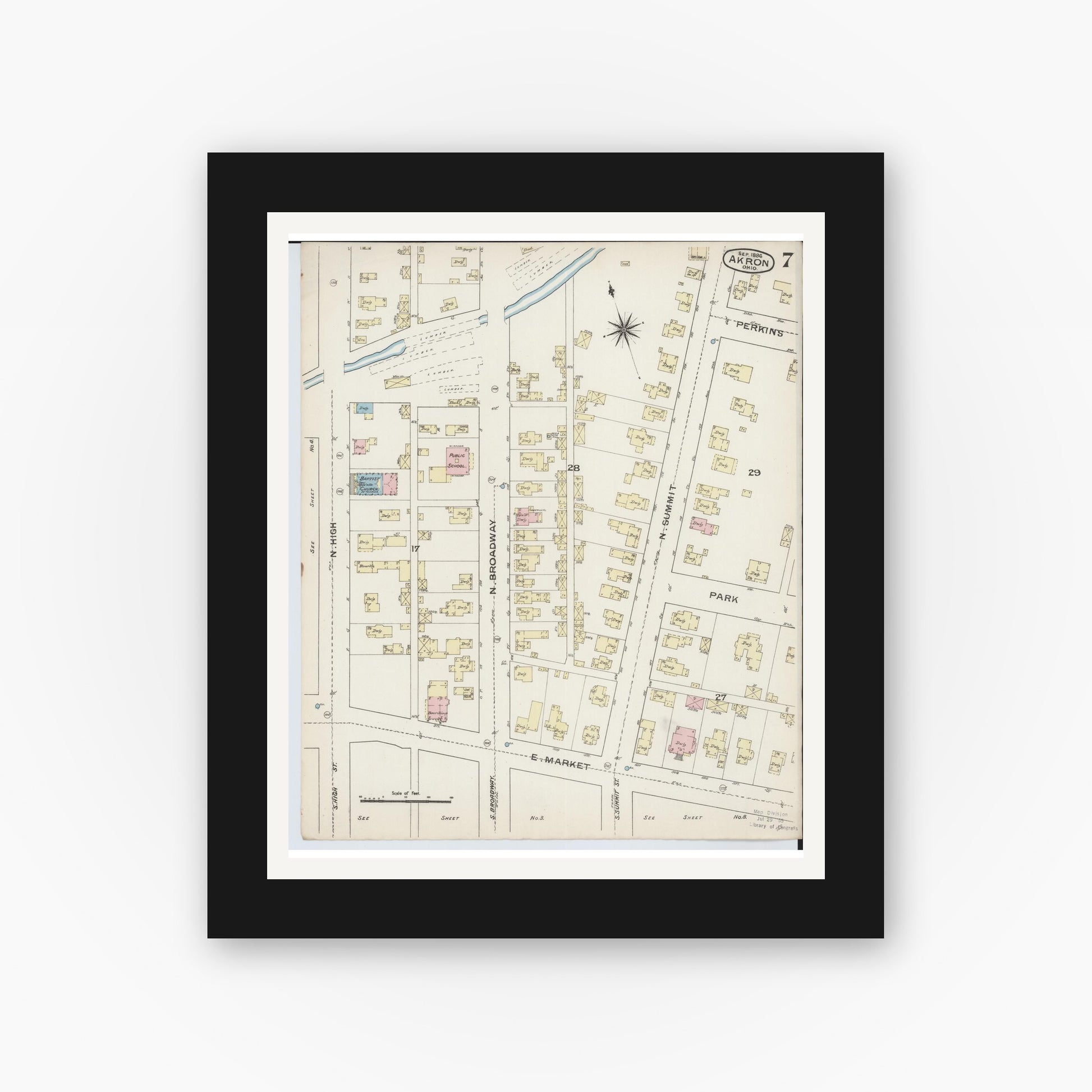 Old map wall art mockup — black gallery frame with white mat — Sanborn Fire Insurance Map from Akron, Summit County, Ohio (1886), Sheet #0007