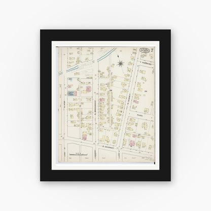 Old map wall art mockup — black gallery frame with white mat — Sanborn Fire Insurance Map from Akron, Summit County, Ohio (1886), Sheet #0007