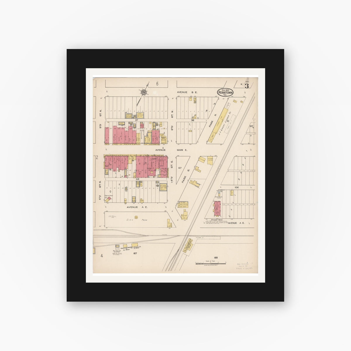 Old map wall art mockup — black gallery frame with white mat — Sanborn Fire Insurance Map from Robstown, Nueces County, Texas (1922), Sheet #0003