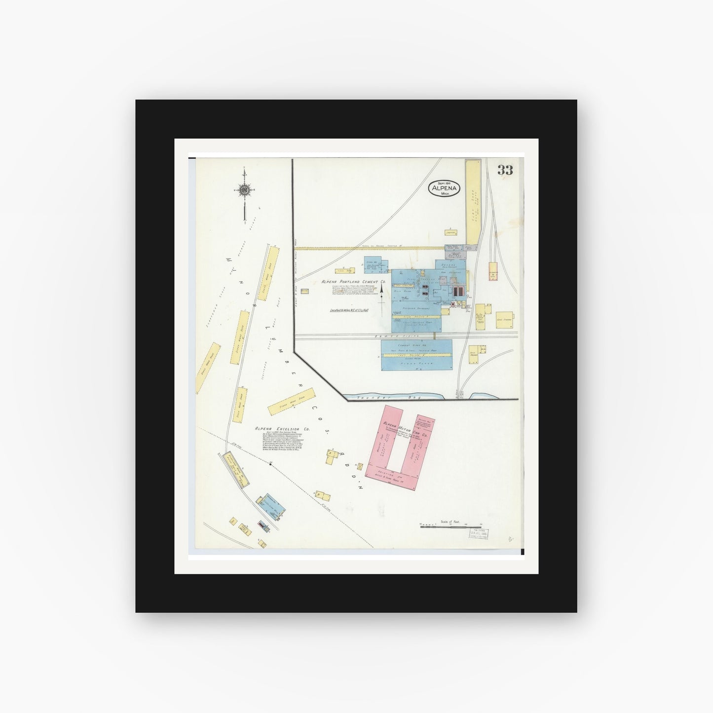 Old map wall art mockup — black gallery frame with white mat — Sanborn Fire Insurance Map from Alpena, Alpena County, Michigan (1910), Sheet #0033