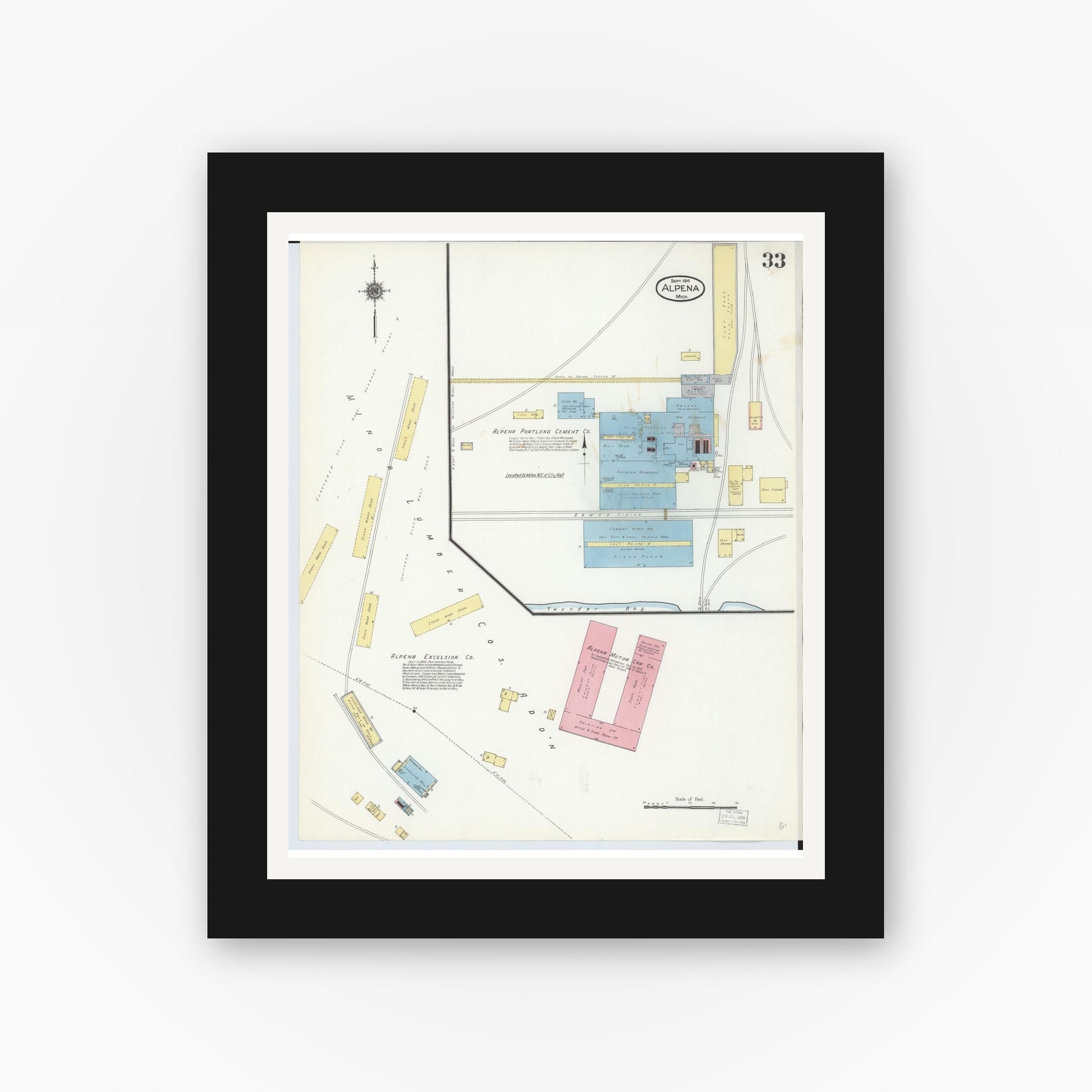 Old map wall art mockup — black gallery frame with white mat — Sanborn Fire Insurance Map from Alpena, Alpena County, Michigan (1910), Sheet #0033