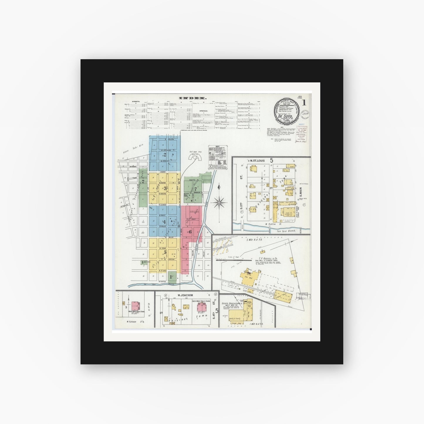 Old map wall art mockup — black gallery frame with white mat — Sanborn Fire Insurance Map from De Soto, Jefferson County, Missouri (1900) - Complete Map Set