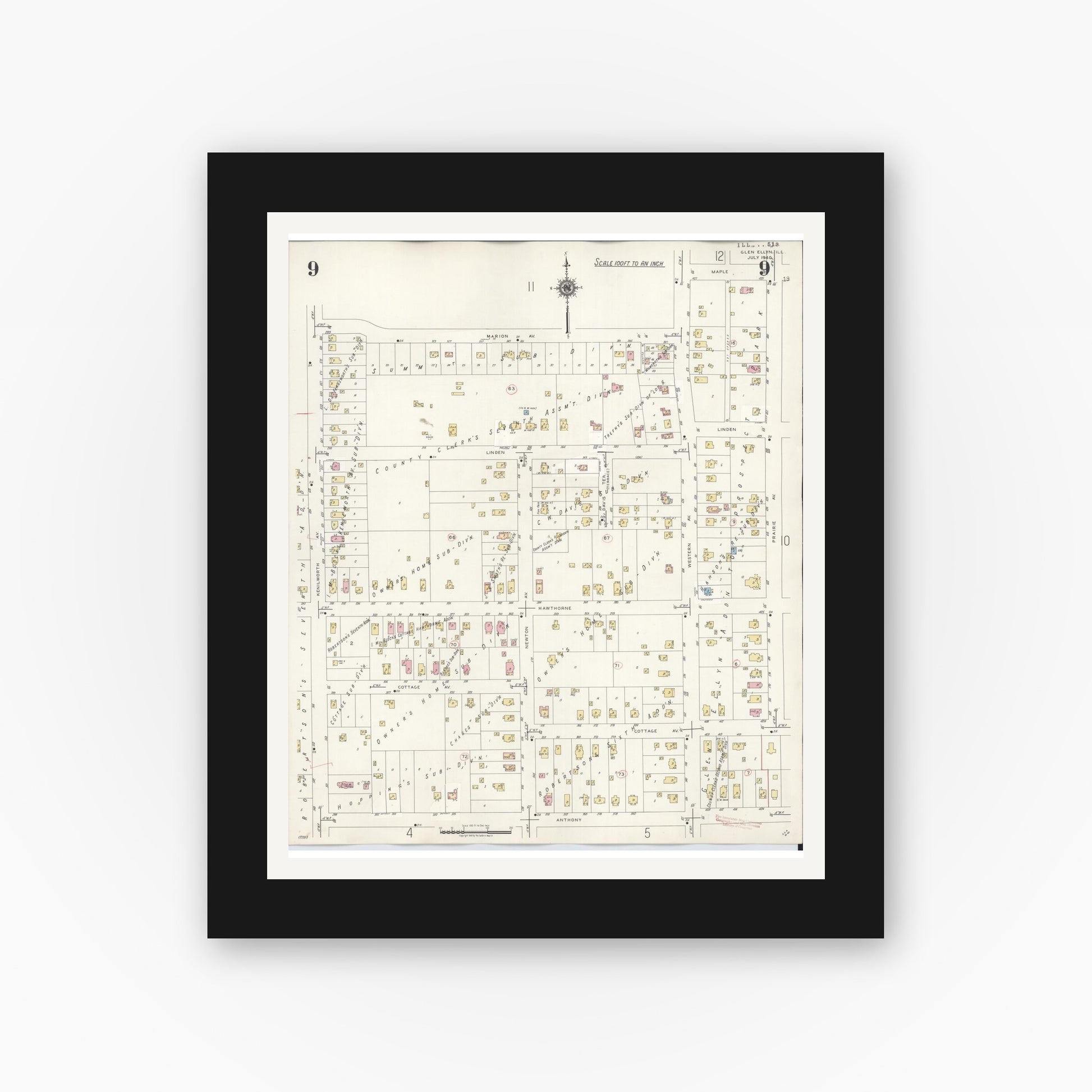 Old map wall art mockup — black gallery frame with white mat — Sanborn Fire Insurance Map from Glen Ellyn, Du Page County, Illinois (1940), Sheet #0009