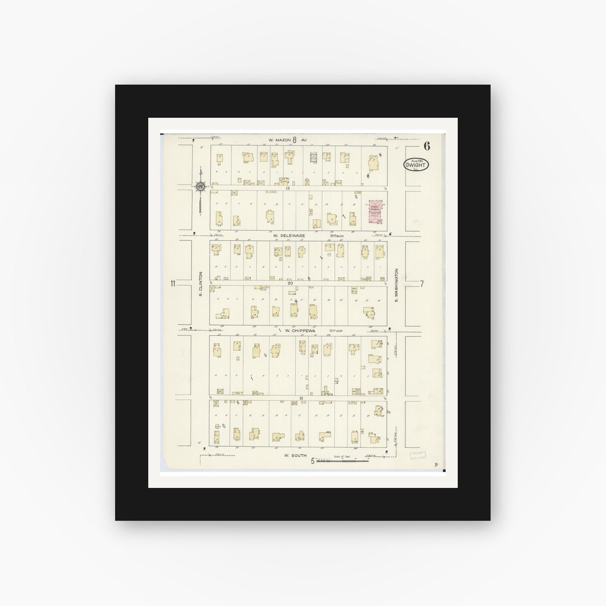 Old map wall art mockup — black gallery frame with white mat — Sanborn Fire Insurance Map from Dwight, Livingston County, Illinois (1914), Sheet #0006