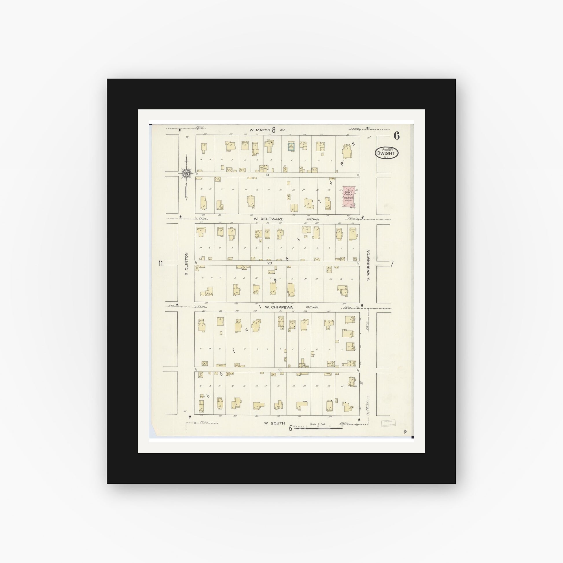 Old map wall art mockup — black gallery frame with white mat — Sanborn Fire Insurance Map from Dwight, Livingston County, Illinois (1914), Sheet #0006