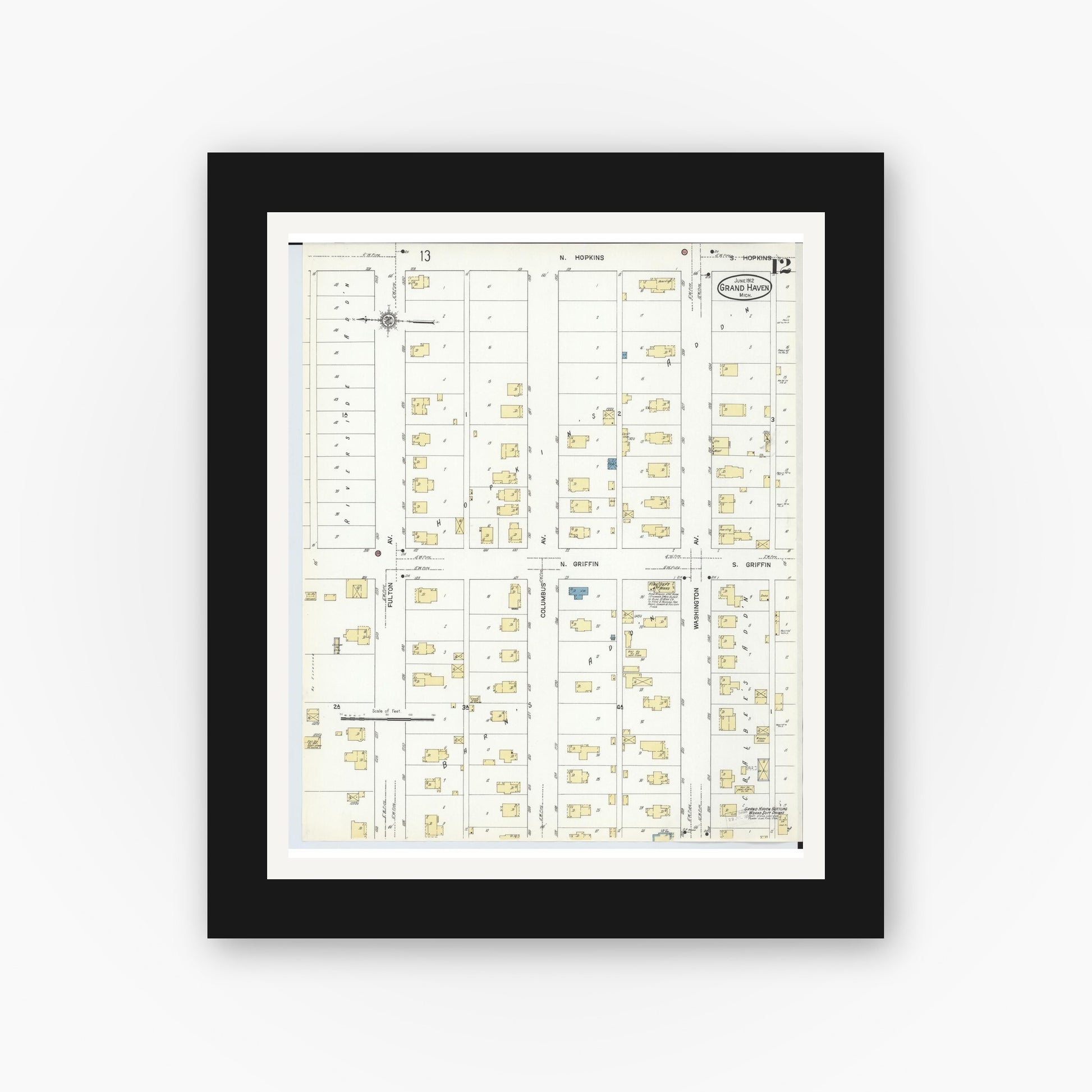 Old map wall art mockup — black gallery frame with white mat — Sanborn Fire Insurance Map from Grand Haven, Ottawa County, Michigan (1912), Sheet #0012