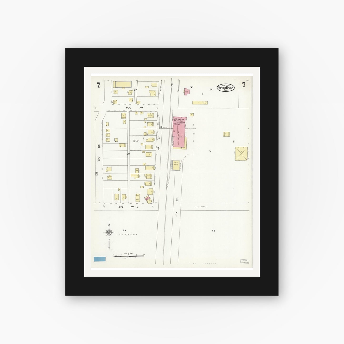 Old map wall art mockup — black gallery frame with white mat — Sanborn Fire Insurance Map from Winter Haven, Polk County, Florida (1924), Sheet #0007