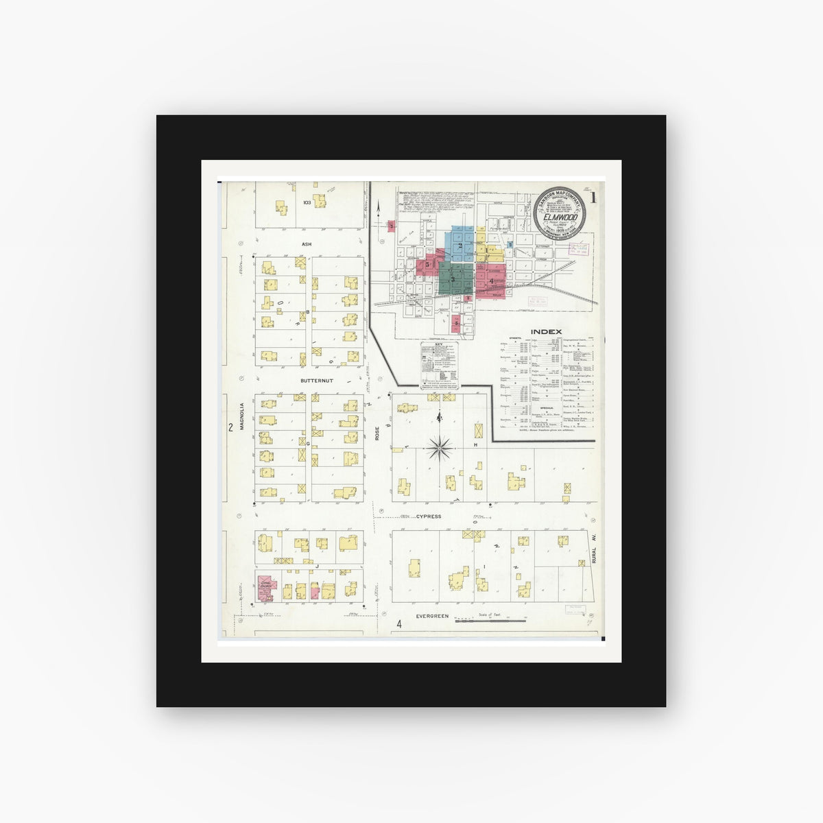 Old map wall art mockup — black gallery frame with white mat — Sanborn Fire Insurance Map from Elmwood, Peoria County, Illinois (1909), Sheet #0001