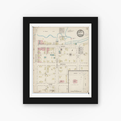 Old map wall art mockup — black gallery frame with white mat — Sanborn Fire Insurance Map from Constantine, Saint Joseph County, Michigan (1884), Sheet #0001