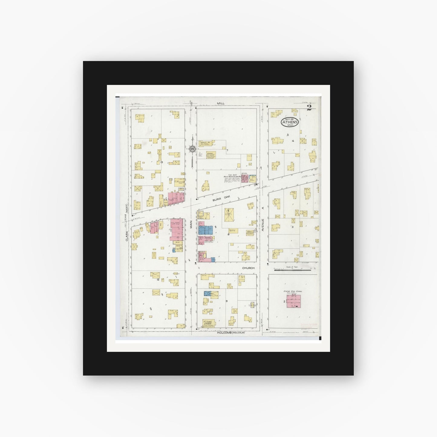 Old map wall art mockup — black gallery frame with white mat — Sanborn Fire Insurance Map from Athens, Calhoun County, Michigan (1916), Sheet #0002
