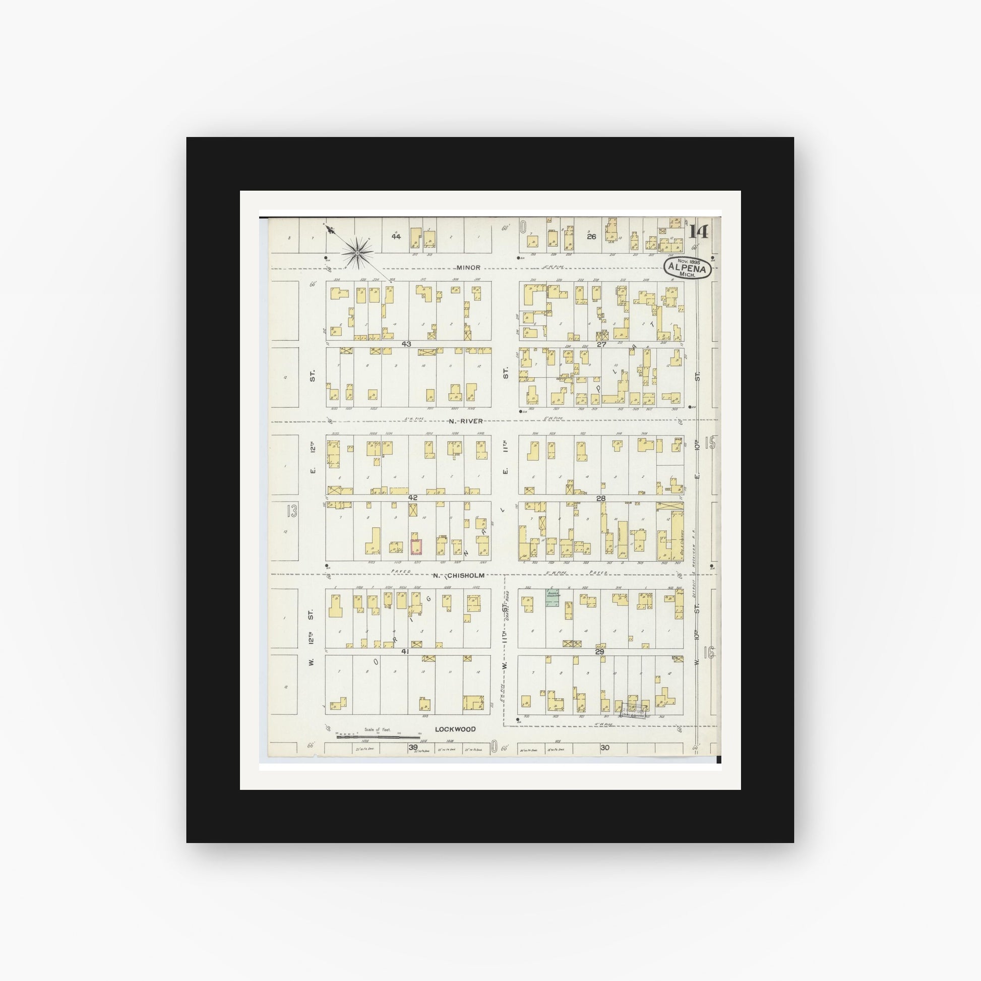 Old map wall art mockup — black gallery frame with white mat — Sanborn Fire Insurance Map from Alpena, Alpena County, Michigan (1895), Sheet #0014
