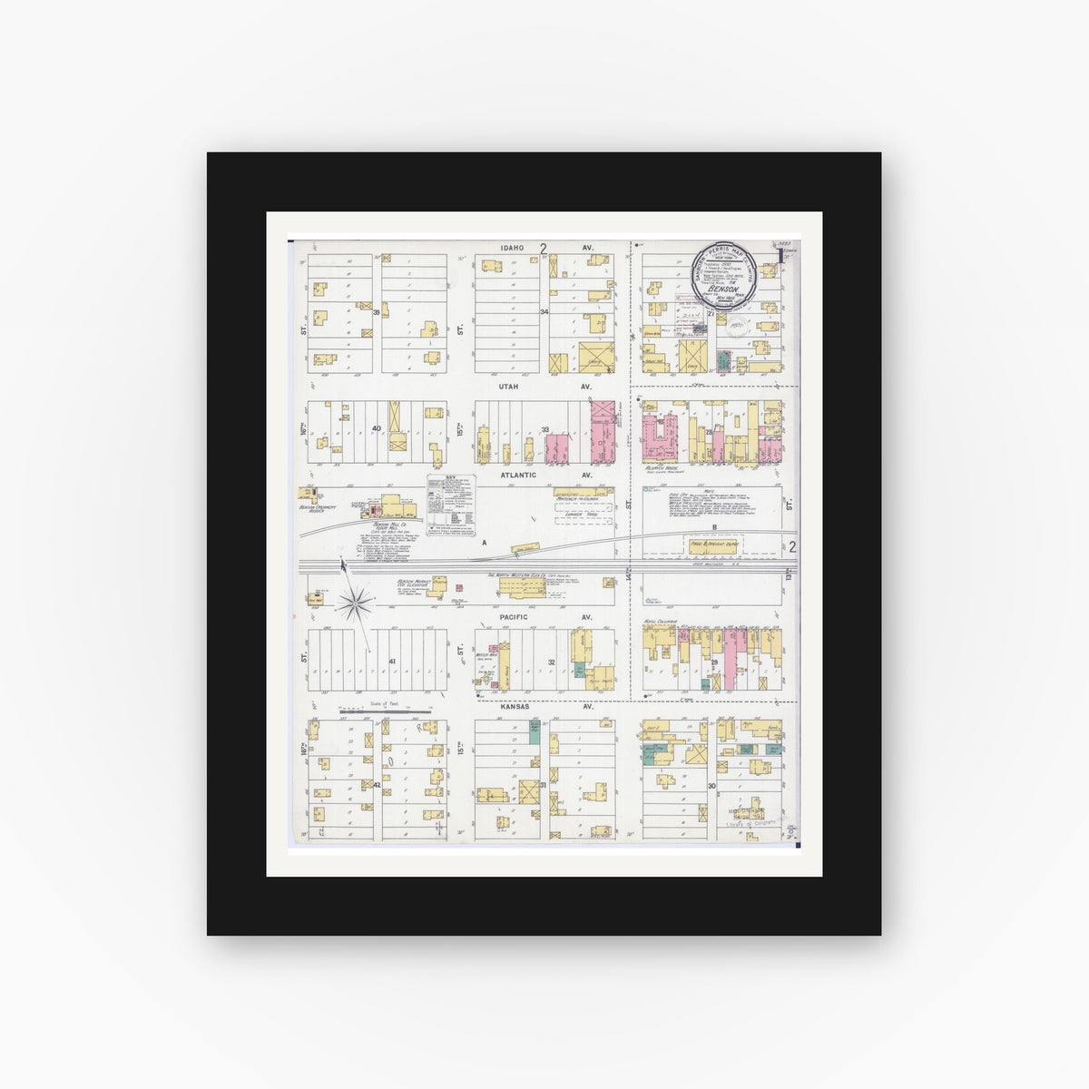 Old map wall art mockup — black gallery frame with white mat — Sanborn Fire Insurance Map from Benson, Swift County, Minnesota (1899) - Complete Map Set