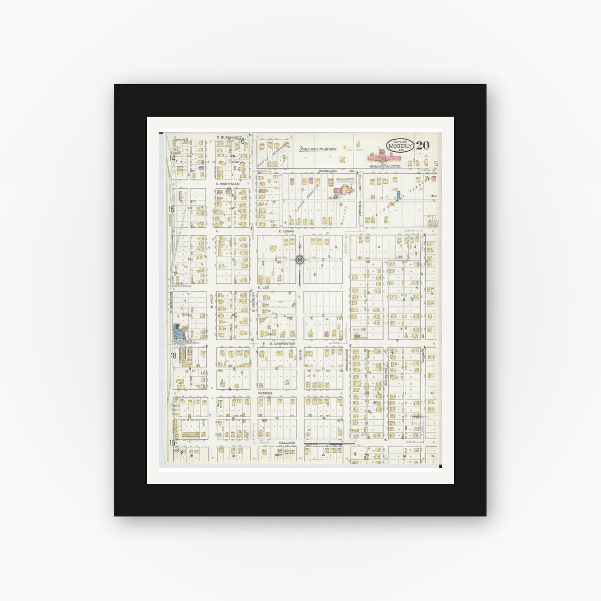 Old map wall art mockup — black gallery frame with white mat — Sanborn Fire Insurance Map from Moberly, Randolph County, Missouri (1916), Sheet #0020