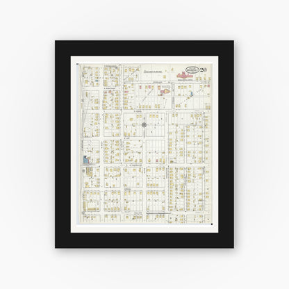 Old map wall art mockup — black gallery frame with white mat — Sanborn Fire Insurance Map from Moberly, Randolph County, Missouri (1916), Sheet #0020