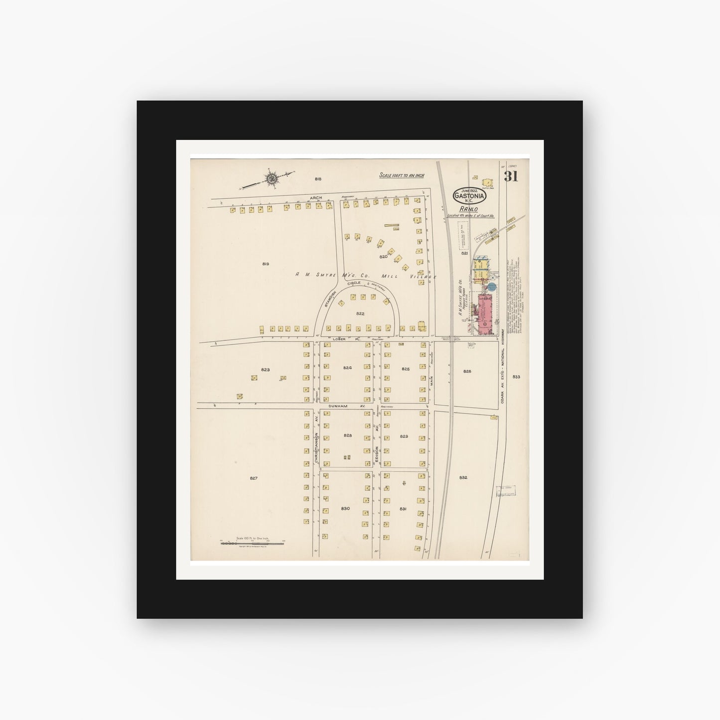 Old map wall art mockup — black gallery frame with white mat — Sanborn Fire Insurance Map from Gastonia, Gaston County, North Carolina (1922), Sheet #0031