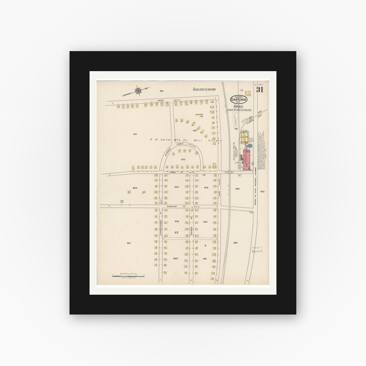Old map wall art mockup — black gallery frame with white mat — Sanborn Fire Insurance Map from Gastonia, Gaston County, North Carolina (1922), Sheet #0031
