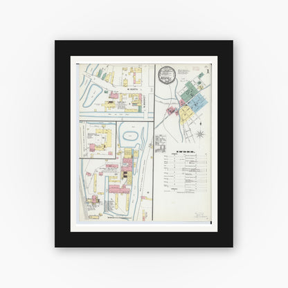 Old map wall art mockup — black gallery frame with white mat — Sanborn Fire Insurance Map from Waverly, Pike County, Ohio (1892), Sheet #0001